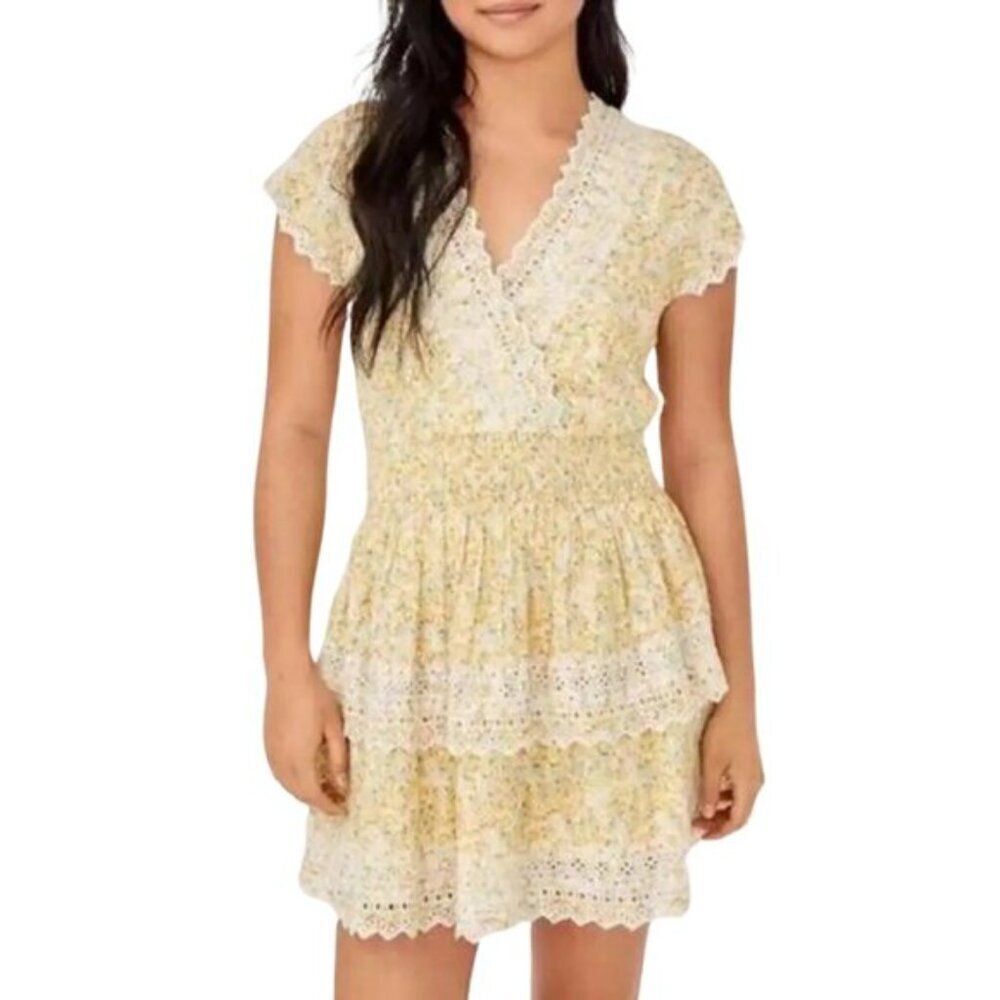 American Eagle Yellow Floral Tiered Eyelet Lace Mini V-Neck Dress Small